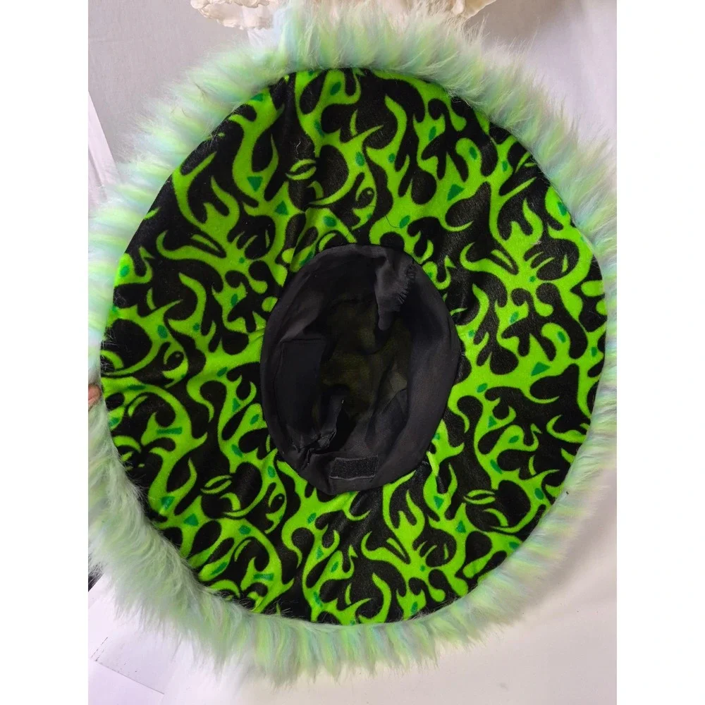 Neon Green Black Flame Print Wide Brim Hat Faux Fur Trim Festival Rave Halloween
